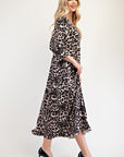 Celeste Full Size Leopard Round Neck Flounce Sleeve Dress