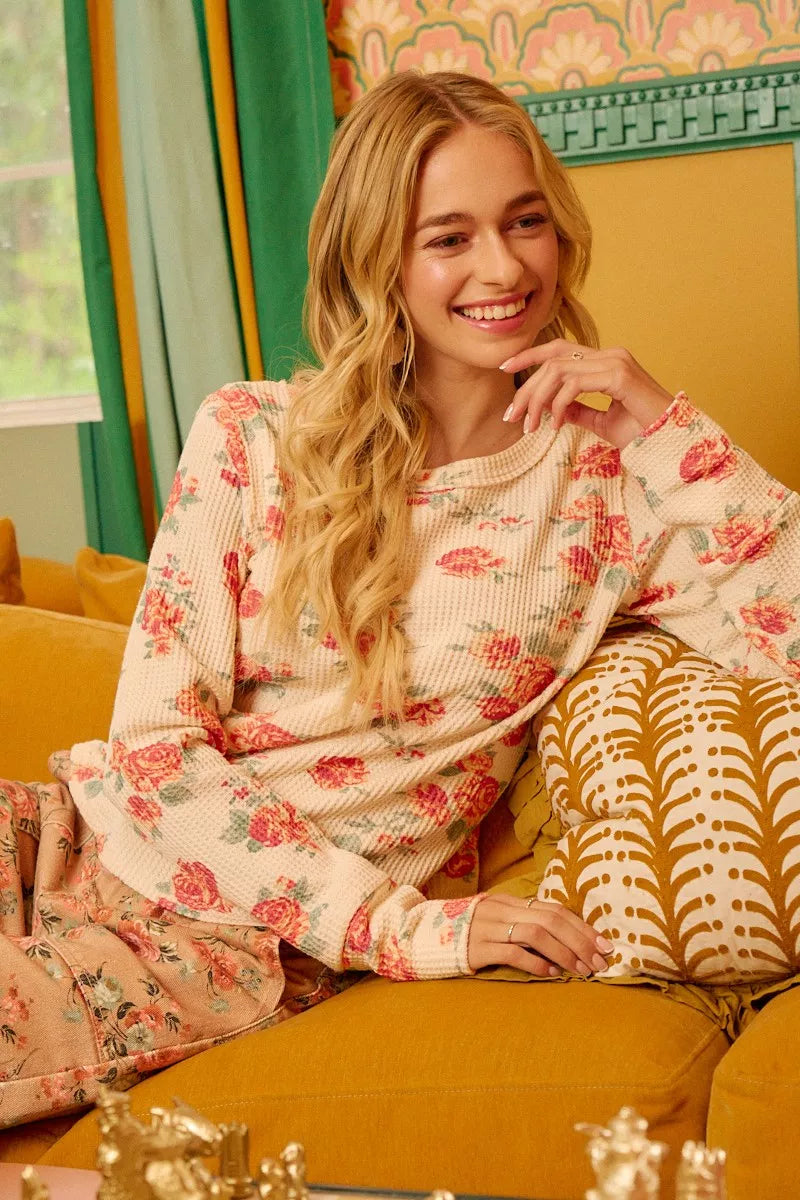 BiBi Floral Print Washed Waffle Thermal Top With Thumb