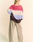 Davi & Dani Wavy Texture Color Block V-Neck Sweater