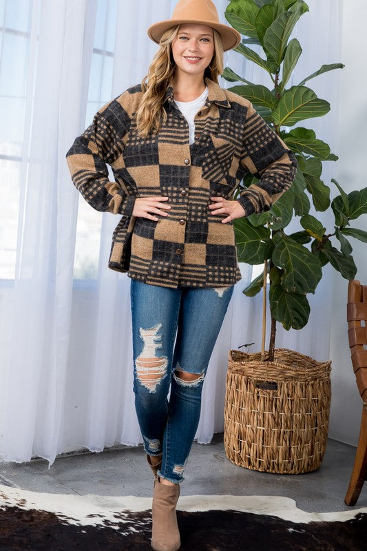 e Luna PLUS Fuzzy Plaid Button Down Shacket