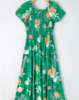 Floral Bubble Sleeve Smocked Tiered Midi Dress