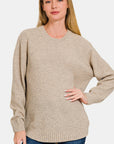 Zenana Ful Size Round Neck Long Sleeve Curved Hem Sweater