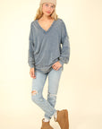 VERY J Washed V-Neck Exposed Seam Knit Top