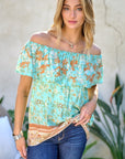 Davi & Dani Printed Off Shoulder Smocked Top