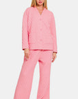 Zenana Quilted Button Up Long Sleeve Top and Pants Lounge Set