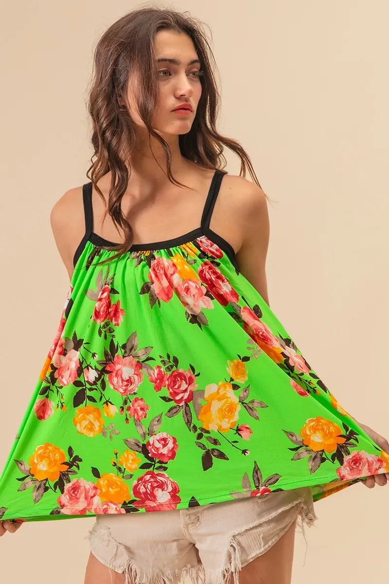 BiBi Floral Print Jersey Knit Gathering Cami Top in Lime