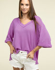 Zenana Brushed Waffle Exposed-Seam 3/4 Sleeve Top