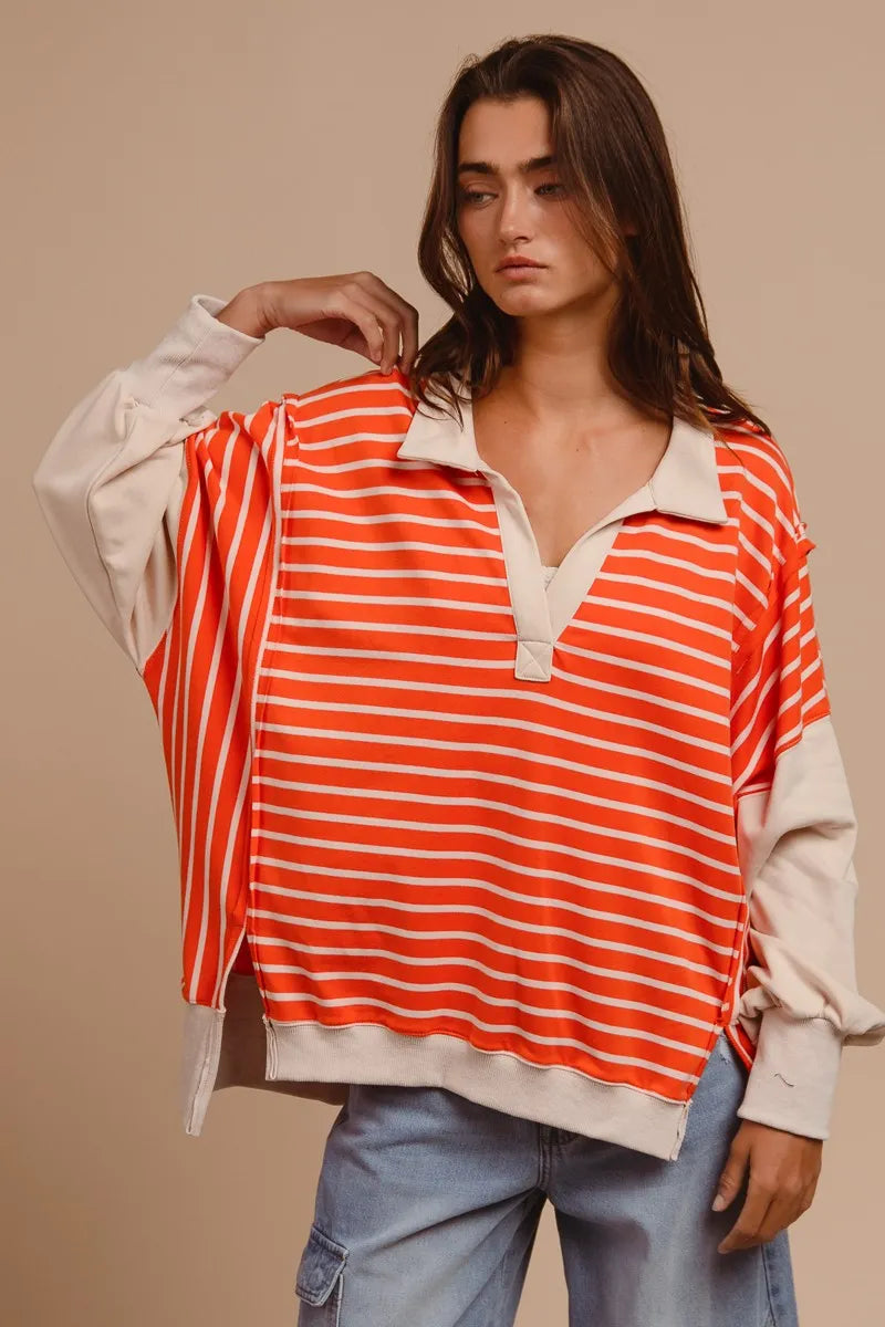 BiBi Stripe Knit Loose Fit Top With Cut Edge Detail in Orange