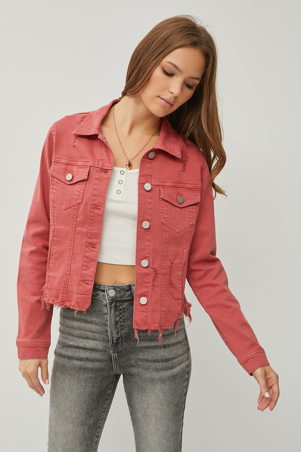 RISEN Full Size Raw Hem Button Up Cropped Denim Jacket Plus Size