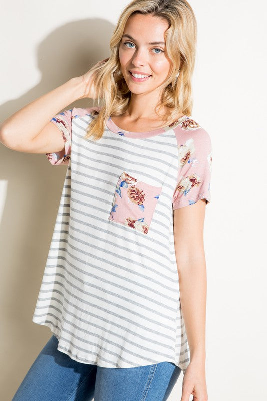 e Luna Striped Floral Mix Pocket Top