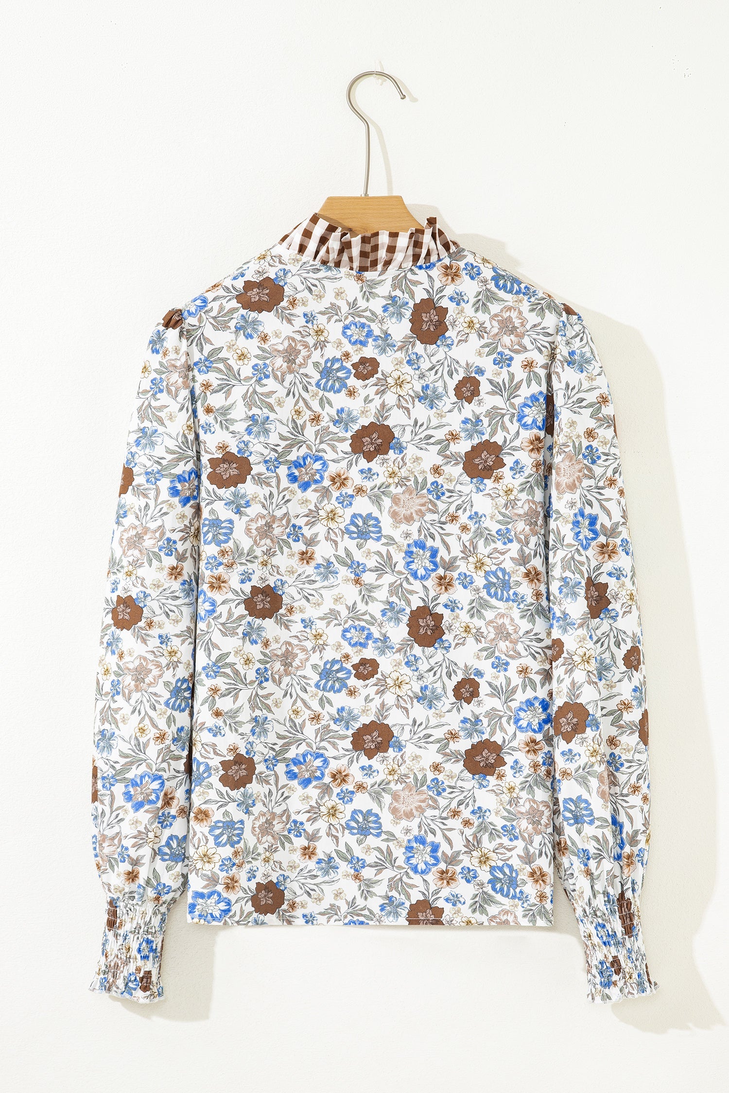 Floral Gingham Plaid Frilled Trim Long Sleeve Blouse