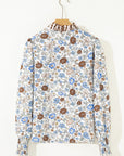 Floral Gingham Plaid Frilled Trim Long Sleeve Blouse