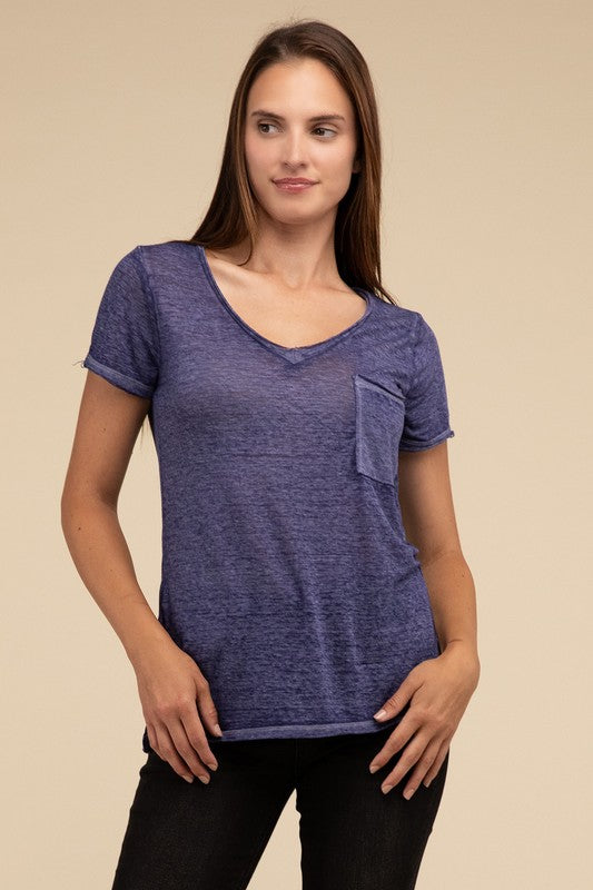 ZENANA Washed Melange Burnout Scoop V-Neck Top