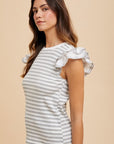 Annie Wear Ruffled Striped Round Neck Cap Sleeve Knit Top