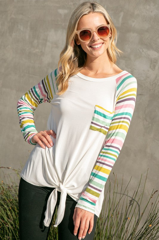 e Luna Striped Mix Waist Tie Top