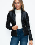 YMI Faux Layered Double-Zipper Jacket with Fuzzy Hood