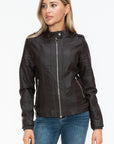 Snobbish PU Leather Biker Jacket with Side Zip Pockets