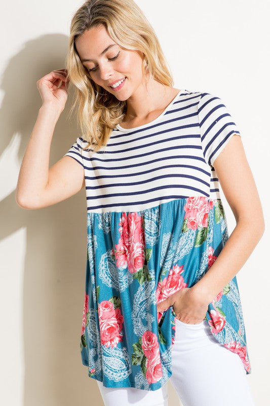 e Luna Striped Floral Print Mixed Top