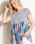 e Luna Striped Floral Print Mixed Top