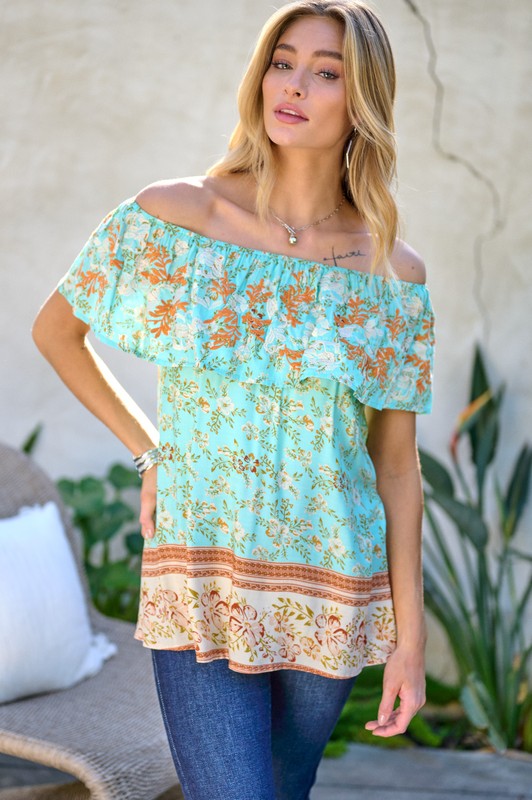 Davi &amp; Dani Printed Off Shoulder Smocked Top