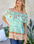 Davi & Dani Printed Off Shoulder Smocked Top