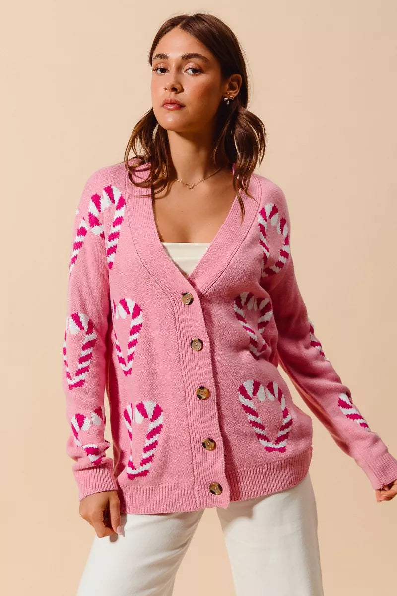 SO ME Christmas Candy Cane Button Front Sweater Cardigan
