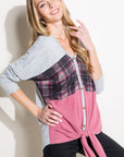 e Luna Solid Plaid Mixed Top