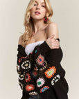 ADORA Full Size Contrast Crochet Open Front Long Sleeve Cardigan Plus Size