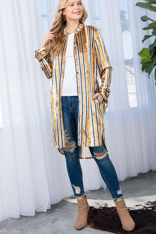 e Luna Striped Velvet Long Cardigan