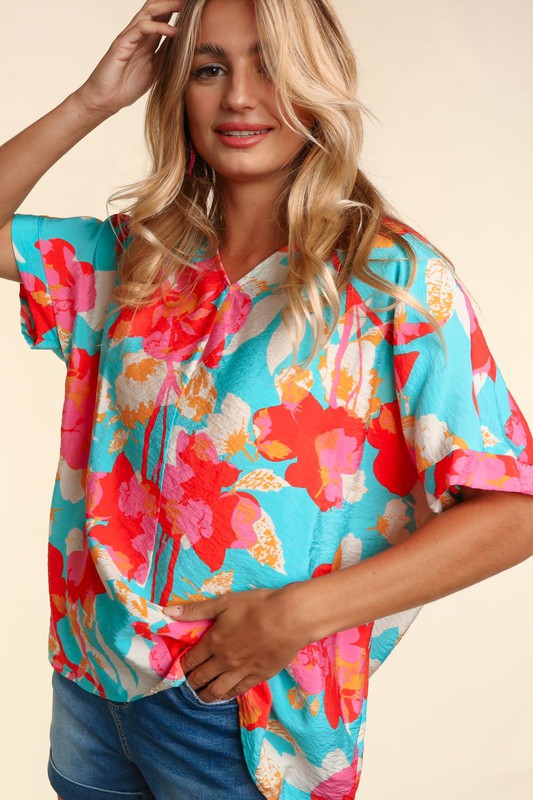 e Luna PLUS Drop Shoulder Dolman Banded Floral Woven Top