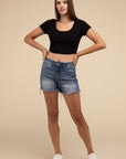 ZENANA Mid Rise Raw Frayed Hem Denim Shorts