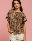 BiBi Leopard Crochet Trim Round Neck Short Sleeve Top