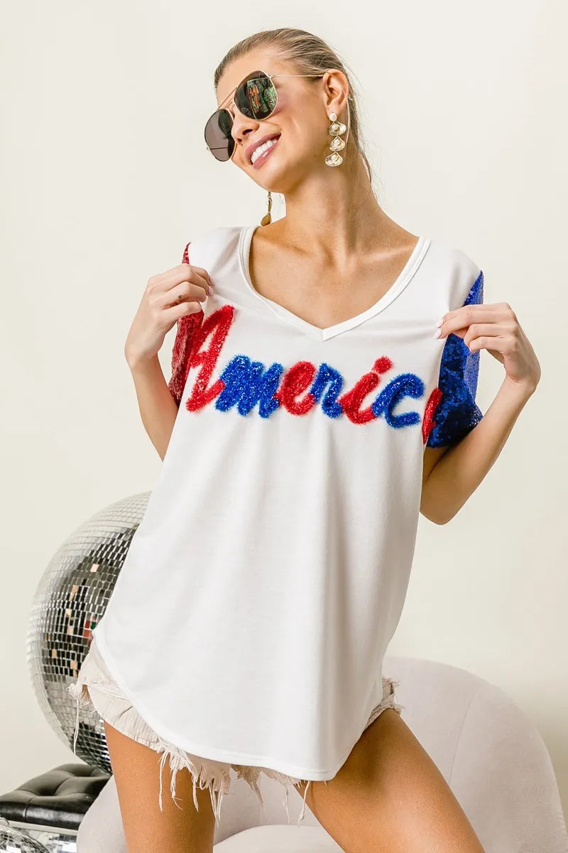 BiBi Metallic Letter V-neck Sequin Sleeves Top in Cream