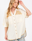 SAGE + FIG Full Size Floral Detail Button Up Short Sleeve Shirt