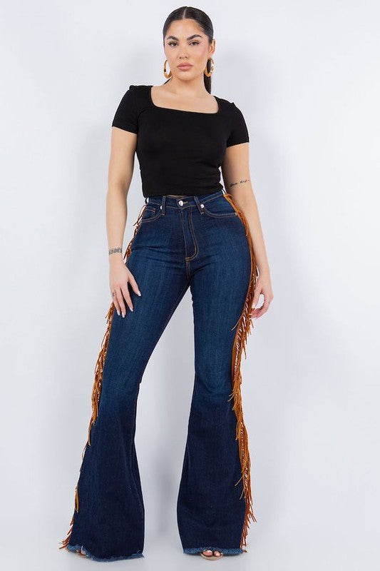 GJG Denim Fringe Bell Bottom in Dark Blue