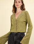 VERY J V-Neck Lace Detail Button Down Crop Ribbed Knit Top