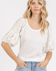 Mittoshop Mixed Media Textured Knit Popcorn Puff Sleeve Blouse