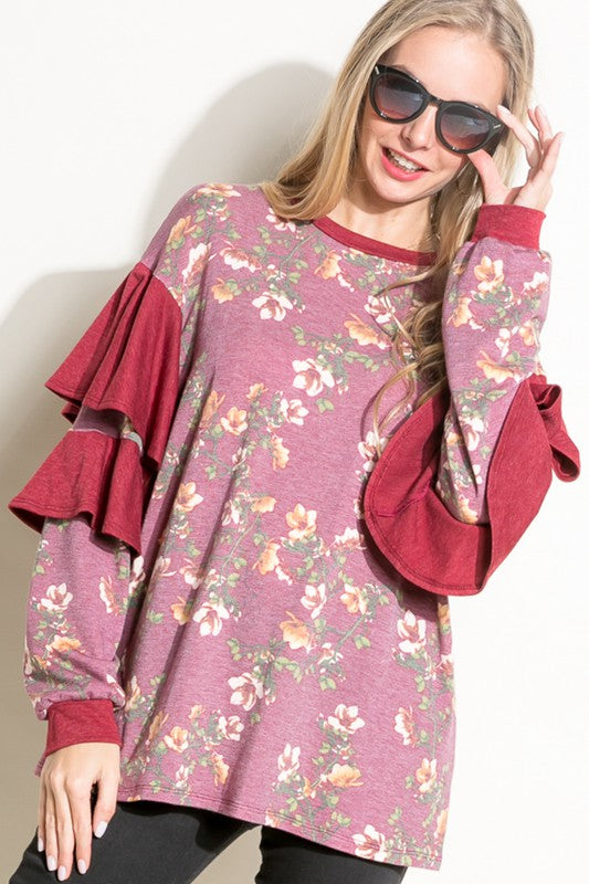 e Luna Floral Mixed Long Sleeve Ruffle Top