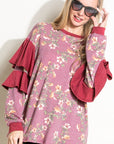 e Luna Floral Mixed Long Sleeve Ruffle Top