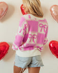 Pink Bow Knot Two Tone Checkered Crew Neck Sweater