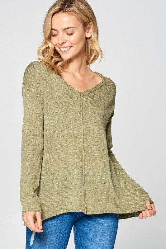 e Luna Solid Light Knit V-Neck Sweater