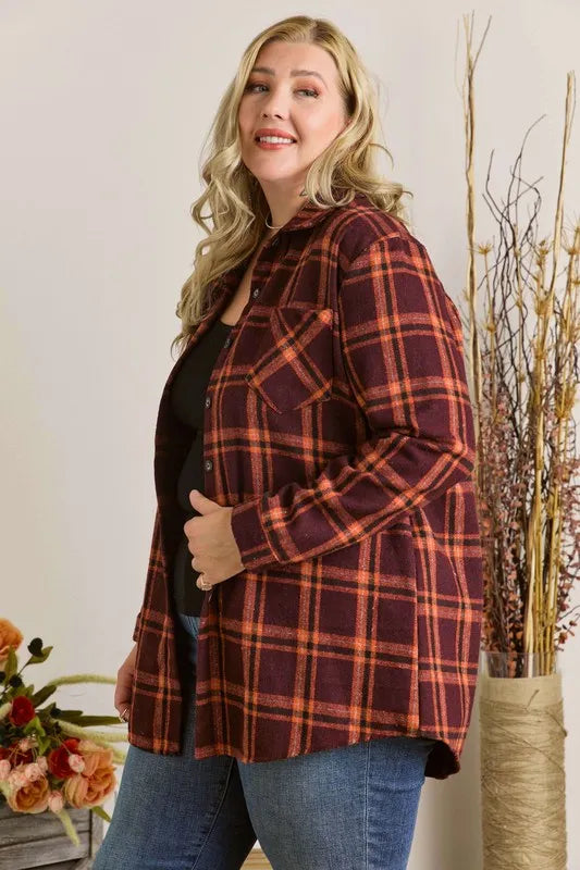 ADORA Full Size Button Down Flannel Shirt Plus Size in Red