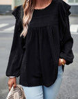 Women Eyelet Ruffle Shoulder Long Sleeve Blouse