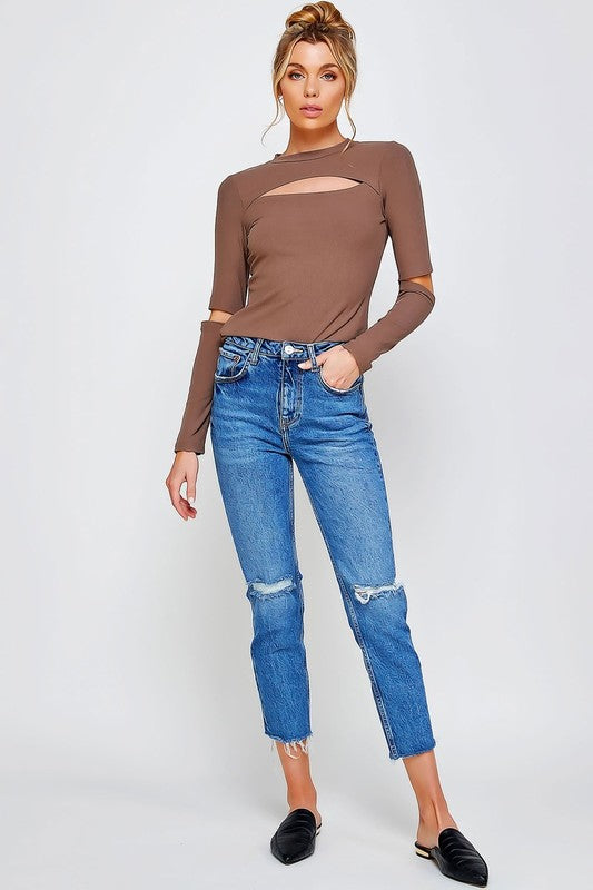 Ribbed Fitted Long Sleeve Top with Chest Cutout