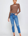 Ribbed Fitted Long Sleeve Top with Chest Cutout