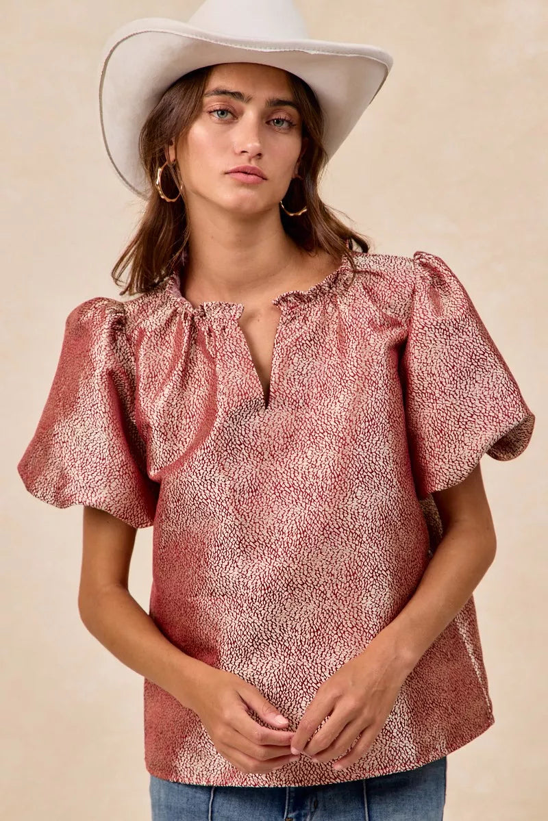 BiBi Jacquard Woven Short Balloon Sleeves V Neck Top