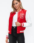 Love Me Now PU Leather Contrast Snap Down Bomber Jacket