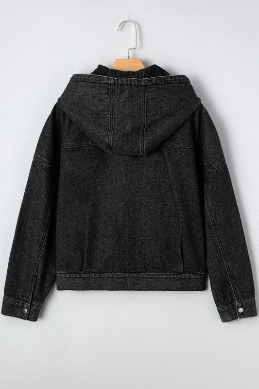 Denim Chest Pocket Drop Shoulder Hooded Jacket