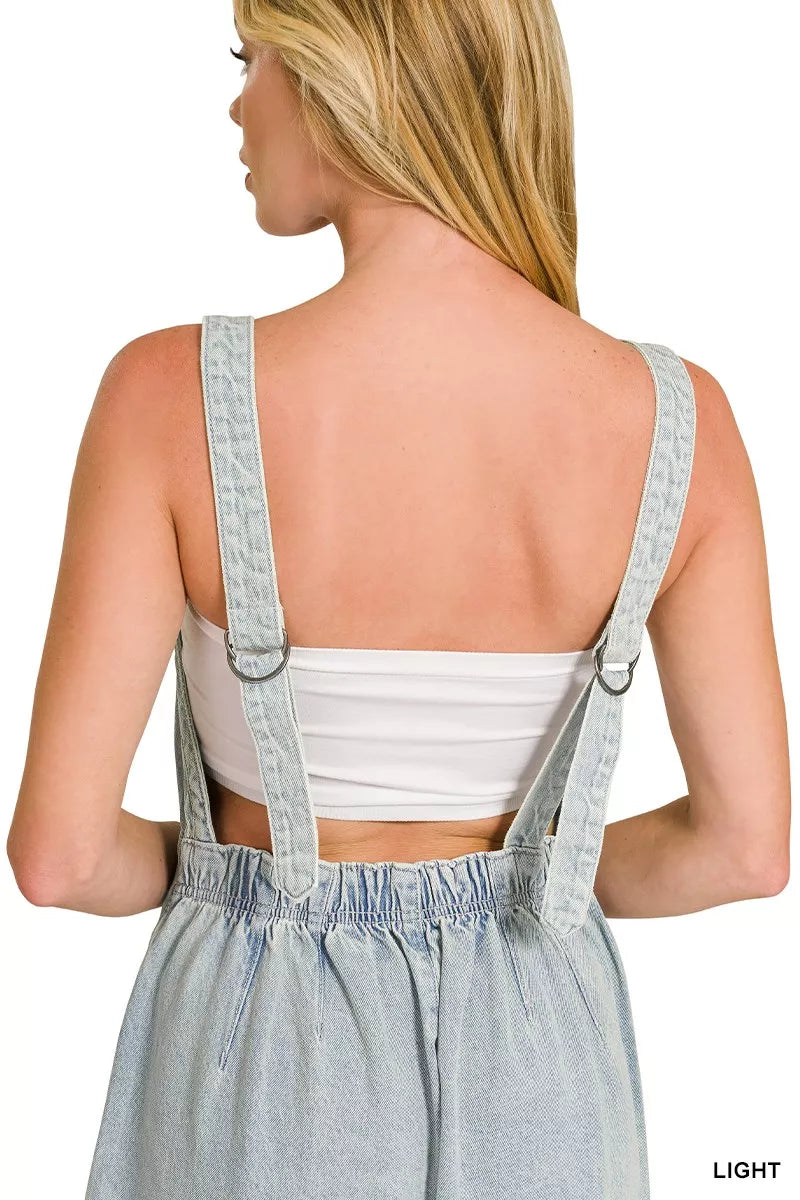 Zenana Denim Light Washed Wide Leg Overalls