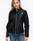 Snobbish Faux Leather Zip Up Mock Neck Jacket